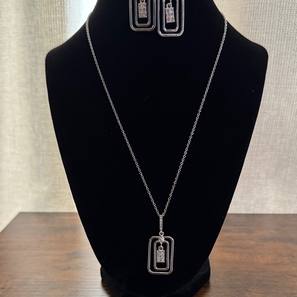 Jewelry Set Rectangle Pendant and Drop Earrings Silver Tone with Cubic Zirconia